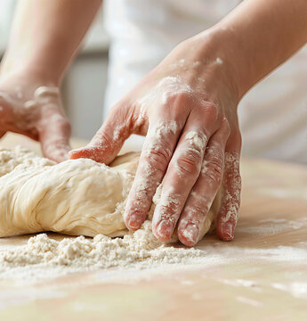 Hands kneading dough on table