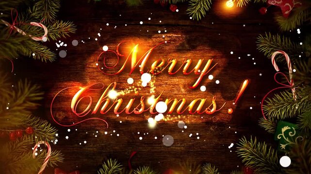 Golden Merry Christmas Typography Animation on Rustic Wooden Background with Magical Sparkles