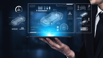 Technical layout of electric vehicle showing battery system, power control, traction motor, charging interface, and integration with renewable and smart energy sources Vouch
