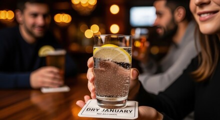 Smiling woman holds a bubbling lemon drink, resting on a Dry January coaster, signifying an alcohol free month, enjoying a vibrant social gathering with friends in a cozy bar.