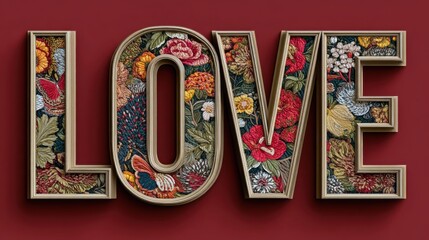 Ornate floral word art spells love with rich embroidered texture