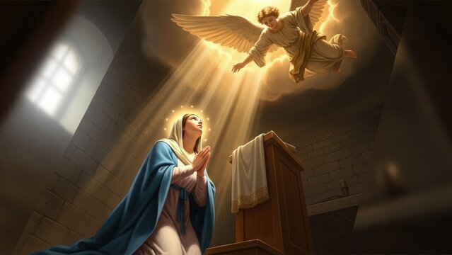 Archangel Gabriel delivers the divine Annunciation to the kneeling Virgin Mary, revealing she will conceive Jesus Christ, the Savior of all mankind