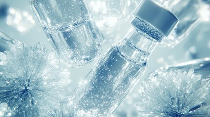 Collection of clear glass vials filled with shimmering liquid and bubbles