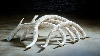 Collection of naturally shed white animal antlers artfully arranged as a decorative display