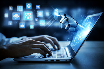 Obraz premium AI virtual assistant chatbot uses generative AI, LLM deep learning, and prompt engineering to support smart business operations with explainable outputs. Entice
