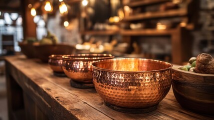 Collection of polished copper bowls with hammered texture displayed on a rustic wooden surface with warm ambient lighting