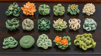 Collection of intricately tied silk knots in various beautiful and edible forms presented as decorative desserts