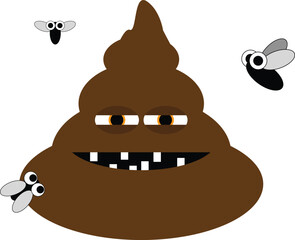 Quirky flat vector of a smiling brown poop swirl with three buzzing flies. Features a toothy grin and expressive eyes.