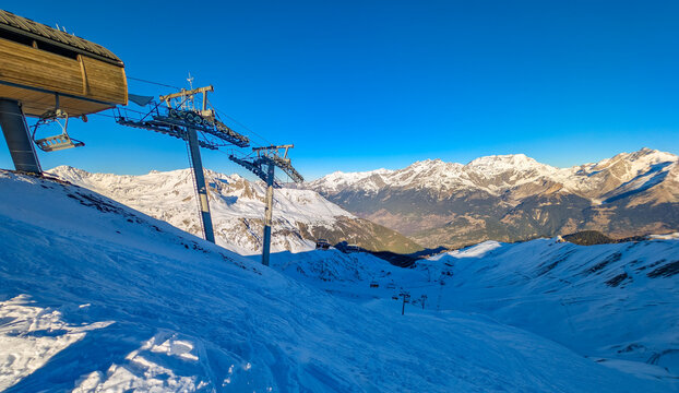 Aerial of Valfrejus ski slopes and winter mountain panorama