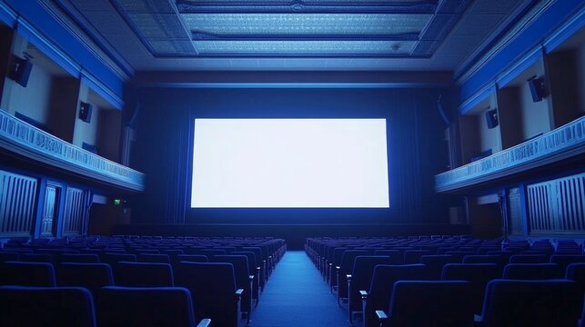 A dimly lit movie theater, devoid of people, showcasing a large projection screen and rows of vacant seats.