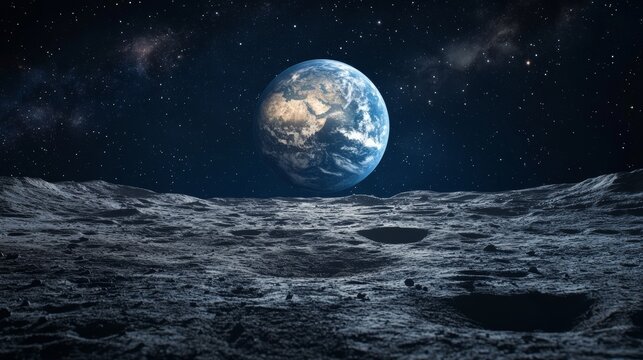 A depiction of a moonwalk with the Earth visible behind it