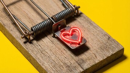 Wooden mousetrap with red heart bait on yellow background symbolizing love trap