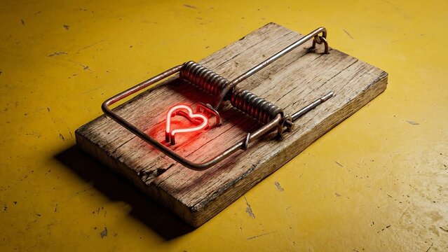 Vintage wooden mousetrap with glowing red heart on yellow background symbolizing love trap or relationship concept