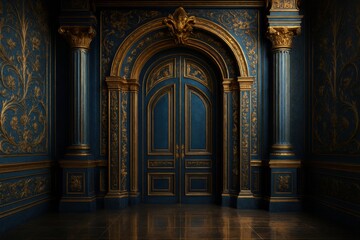 Grand ornate blue doorway in luxurious architectural interior elegant design dramatic lighting artistic perspective