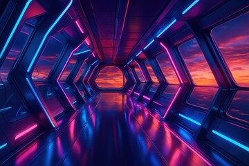 Futuristic neon corridor sci-fi space station digital tranquil sunset wide angle surreal atmosphere