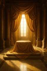 Illuminated golden drapes surrounding a table luxurious interior digital warm ambiance artistic perspective