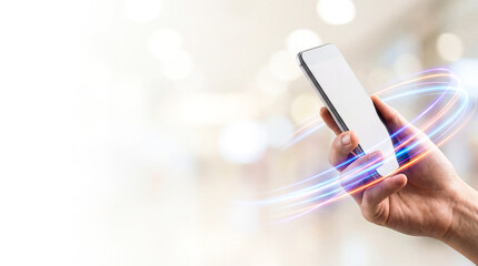 Mobile Technology Connectivity Website Banner Smartphone Hand Digital Speed Concept Wireless Network Template Fast Internet Service Marketing Header 5G Telecom Provider Promotional Material App Launch