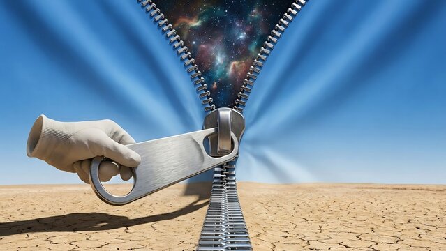 Hand unzipping a surreal cosmic zipper on a desert sand dune against a bright blue sky with rays of light emanating