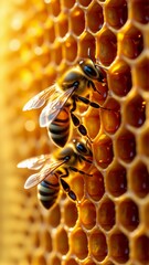 close honeycomb two bees honeycomb hexagonal cells which golden color honey like texture bees facing appear interacting background blurred making honeycomb focal point taken top down perspective bees