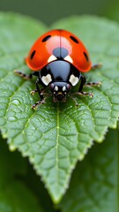 Fototapeta premium close ladybug green leaf ladybug facing towards right side its body covered black red spots its antennae black its legs black leaf bright green color has serrated edge background blurred making