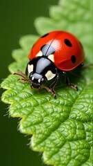 close ladybug green leaf ladybug facing towards right side its body covered red black spots has two antennae its head two legs leaf vibrant green color has serrated edge background blurred making