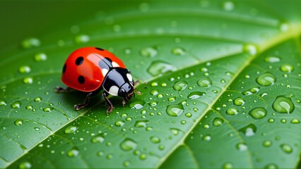close ladybug green leaf ladybug red black spots facing towards right side has two antennae its head two legs leaf covered small droplets water which glistening light background blurred focus ladybug