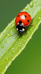 close ladybug green leaf ladybug red black spots its body legs facing towards right side appears walking leaf water droplets surface leaf indicating has recently rained background blurred focus