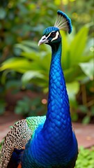 close peacock head neck peacock standing wooden surface green foliage background head turned slightly side its beak slightly open its eyes looking towards right side feathers peacock vibrant colorful
