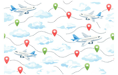 Airplanes flying with map markers and clouds seamless pattern