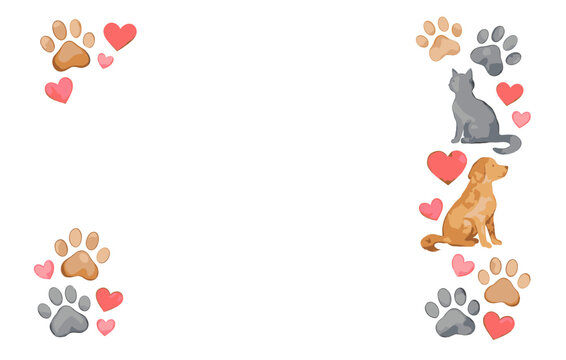 Cute dog and cat illustration with hearts and paw prints on white background