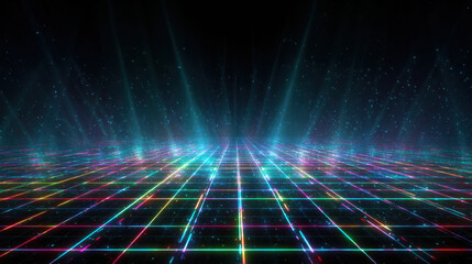 Futuristic grid neon landscape digital background abstract light cyber space virtual reality glowing line laser beam perspective floor technology concept Futuristic neon grid landscape with