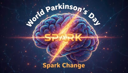 Glowing brain lightning bolt World Parkinson Day Spark Change slogan awareness poster