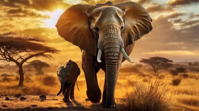 Elephants walking on the savannah