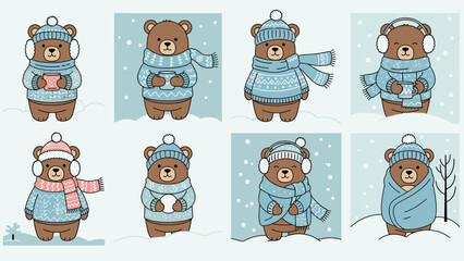 Fototapeta premium Vector Line Art Collection of Cute Winter Bears Wearing Cozy Clothes