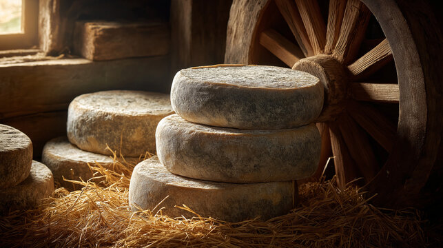 Aged cheese wheels stacked on straw in rustic barn setting - Powered by Adobe