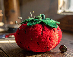 Vintage red tomato pincushion with sharp steel pins on a rustic wood table. Soft natural light highlights the craft of tailoring and handmade sewing projects for hobbyists and professionals.