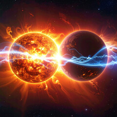 Obraz premium Stunning cosmic art depicting a fiery star and shadowed planet connected by electrical energy. A metaphor for climate change or celestial birth, great for scifi and educational media.