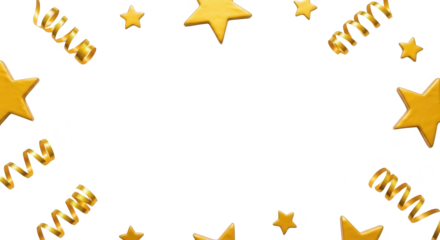 Golden stars and curled ribbons create a festive border suggesting celebration awards and special occasions with a bright metallic shimmer glitter confetti transparent background