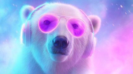 Neon Polar Bear DJ Close-Up Portrait with Headphones and Pink Glowing Glasses, Dreamy Pastel Blue Purple Smoke Background