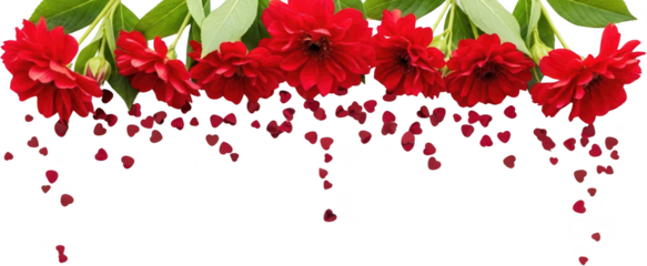A row of vibrant red dahlia flowers with green leaves adorned with falling red petals creating a romantic and decorative visual red flowers love floral transparent background