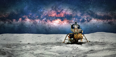 The lunar module stands on the lunar surface. The spacecraft has landed on the moon. Space exploration. Stars and galaxies. Elements of this image furnished by NASA. Photo collage. Not AI © dimazel