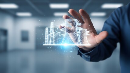 Futuristic hologram of a chemical plant displayed over a person's outstretched hand in a modern, blurred background