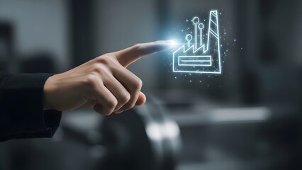 Futuristic industry icon interaction, a hand touching a digital factory interface, representing innovation and automation in manufacturing and production processes