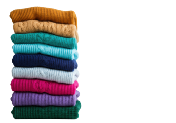 a tall, perfectly aligned stack of plush wool, cashmere, and merino sweaters organized in a rainbow gradient on a bright white studio background. concept for home organization and retail catalog