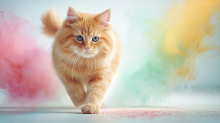 Fototapeta premium Ginger Cat Walking Forward Through Pastel Color Smoke, Blue Eyes Close-Up, Soft Minimal Background, Playful Studio Pet Portrait