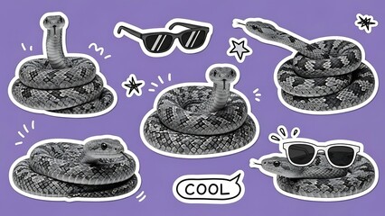 Five Rattlesnakes Posed with Sunglasses and Stars on a Purple Background.