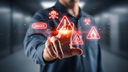 Business Professional Interacting with Futuristic Digital Interface Displaying Cybersecurity Risk and Danger Warning Icons for Threat Management