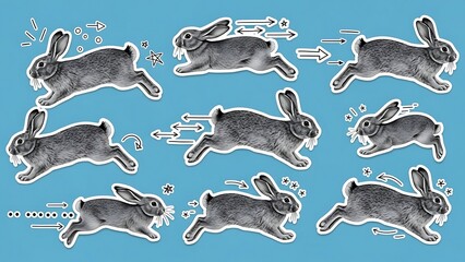 Naklejka premium Multiple grey rabbits in motion against a blue background with motion lines.