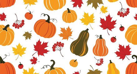 Autumn Harvest Seamless Pattern with Pumpkins Maple Leaves and Berries on White