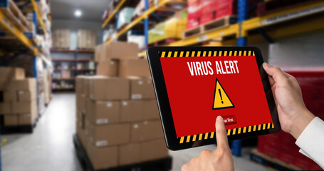 Virus warning alert on computer screen detected modish cyber threat , hacker, computer virus and malware